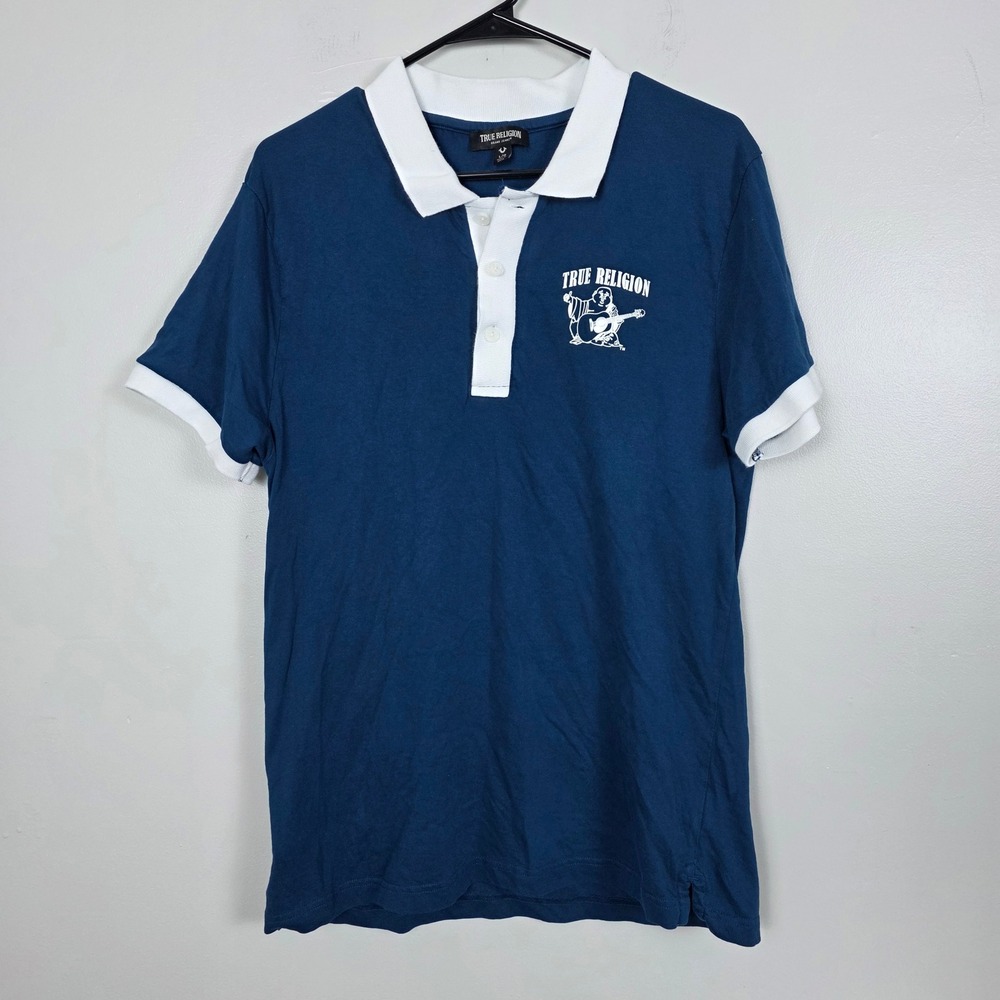 True Religion Buddha Polo Shirt Mens Medium Short Sleeve Rugby Contrast Collar